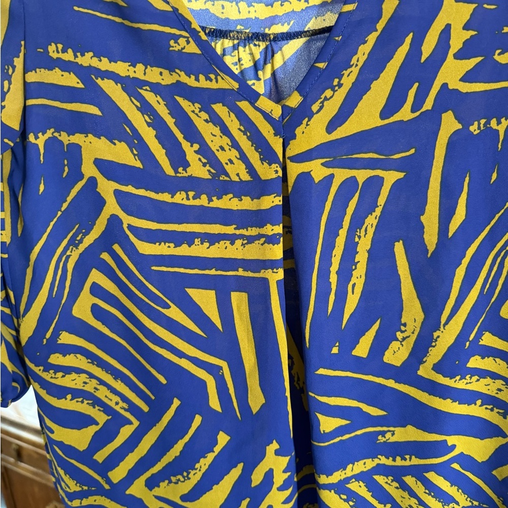 Stunning Aztec Print Draped V Neck Fabrik Blouse Colbalt & Citrine